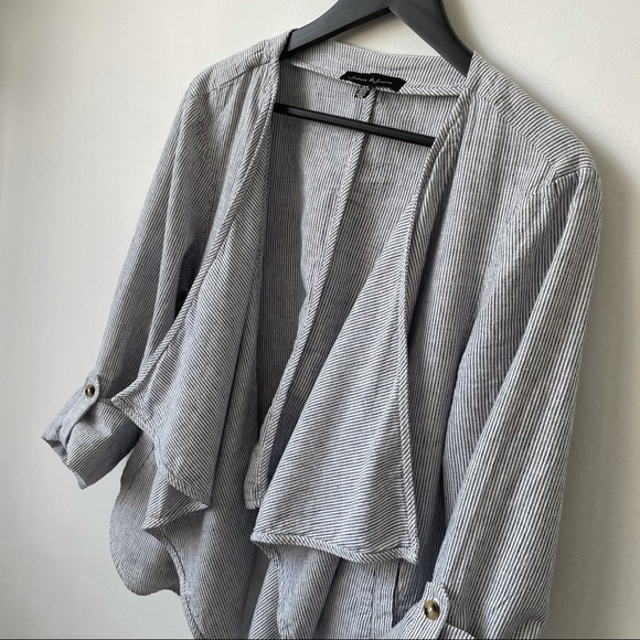 Jasmine & Juliana Jackets & Blazers - Blue and White Pinstripe Linen Waterfall Jacket